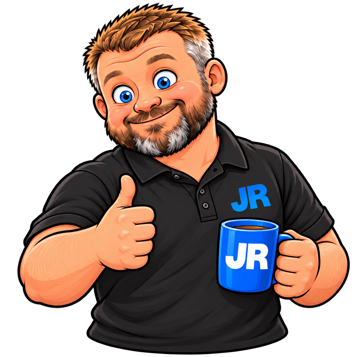 Cartoon JR with a cuppa and a thumbs up